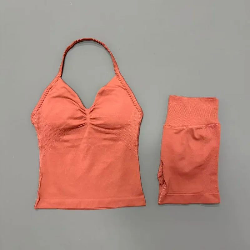 Seamless Backless Halter Yoga Tank Top And Shorts Set