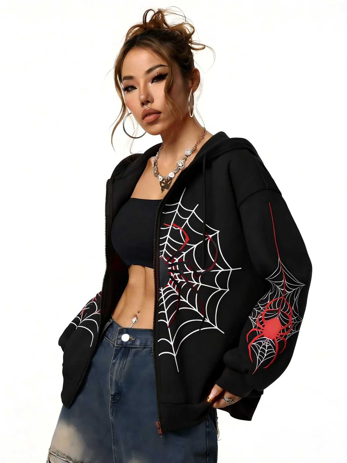 Spider Web Print Unisex Zip Up Hoodie Casual Wear