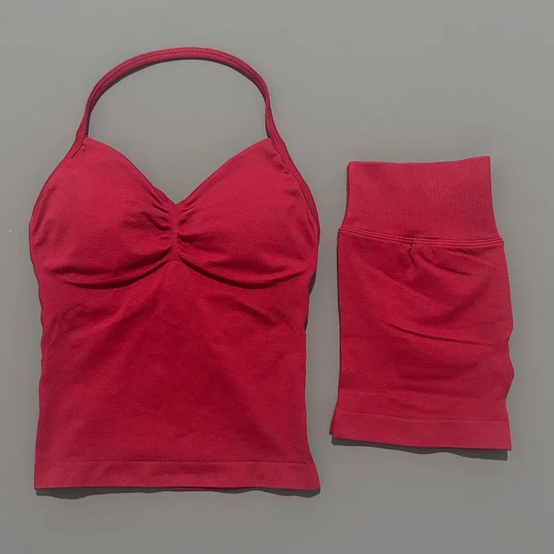 Seamless Backless Halter Yoga Tank Top And Shorts Set