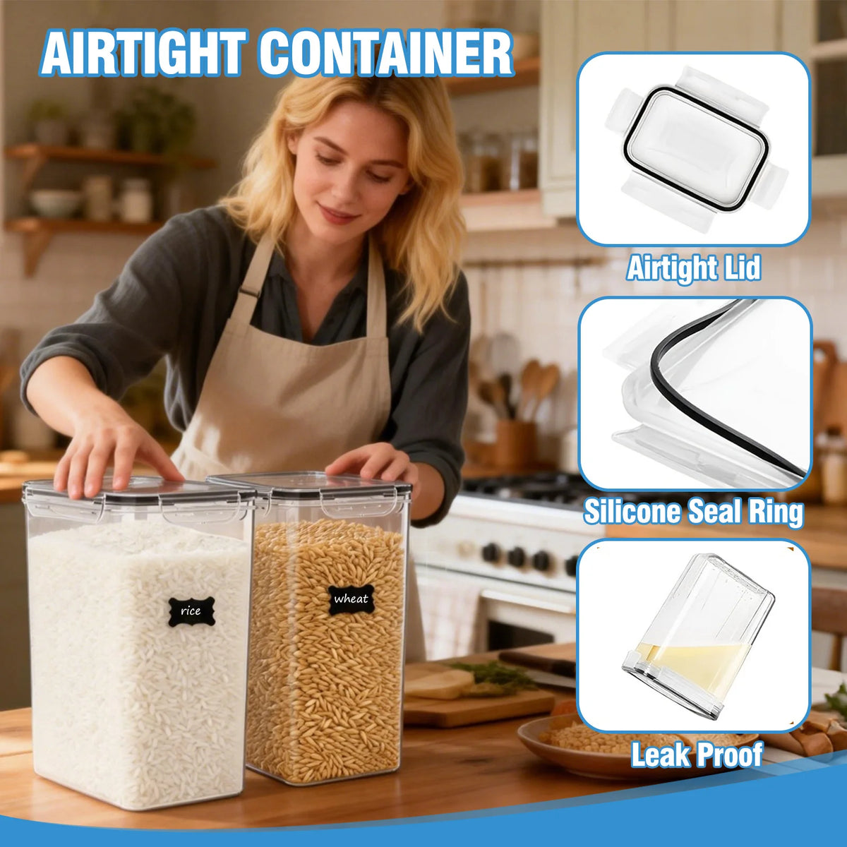 4Pcs Sealed Food Storage Containers with Lids 9.5L/321 oz Airtight Food Dry Cargo Jars Transparent Plastic Organizer for Storing Grains Flour Sugar Rice Pasta Snacks Baking Supplies Coffee Dried Fruits