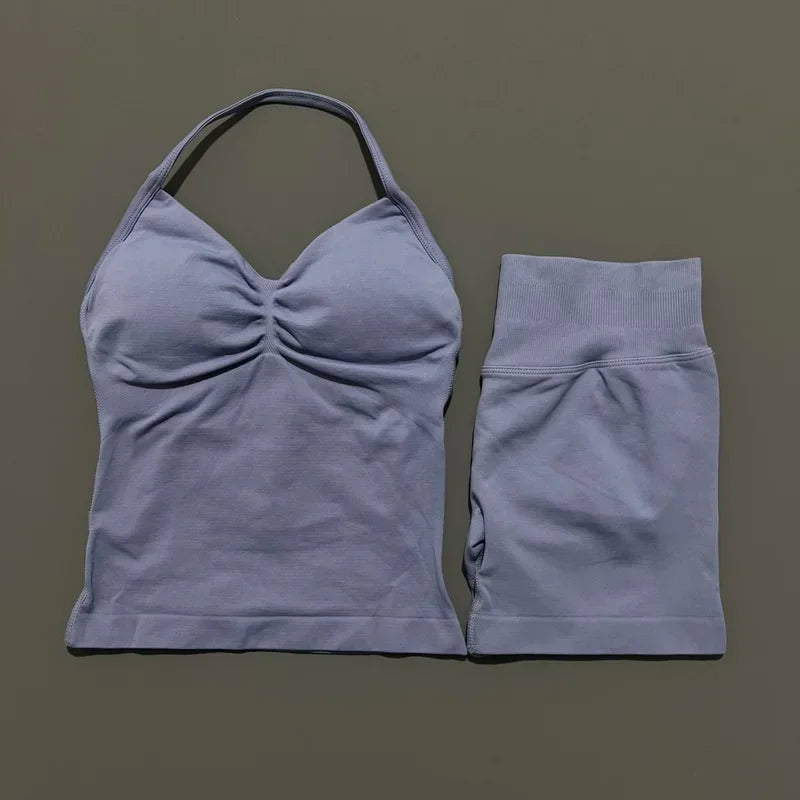 Seamless Backless Halter Yoga Tank Top And Shorts Set