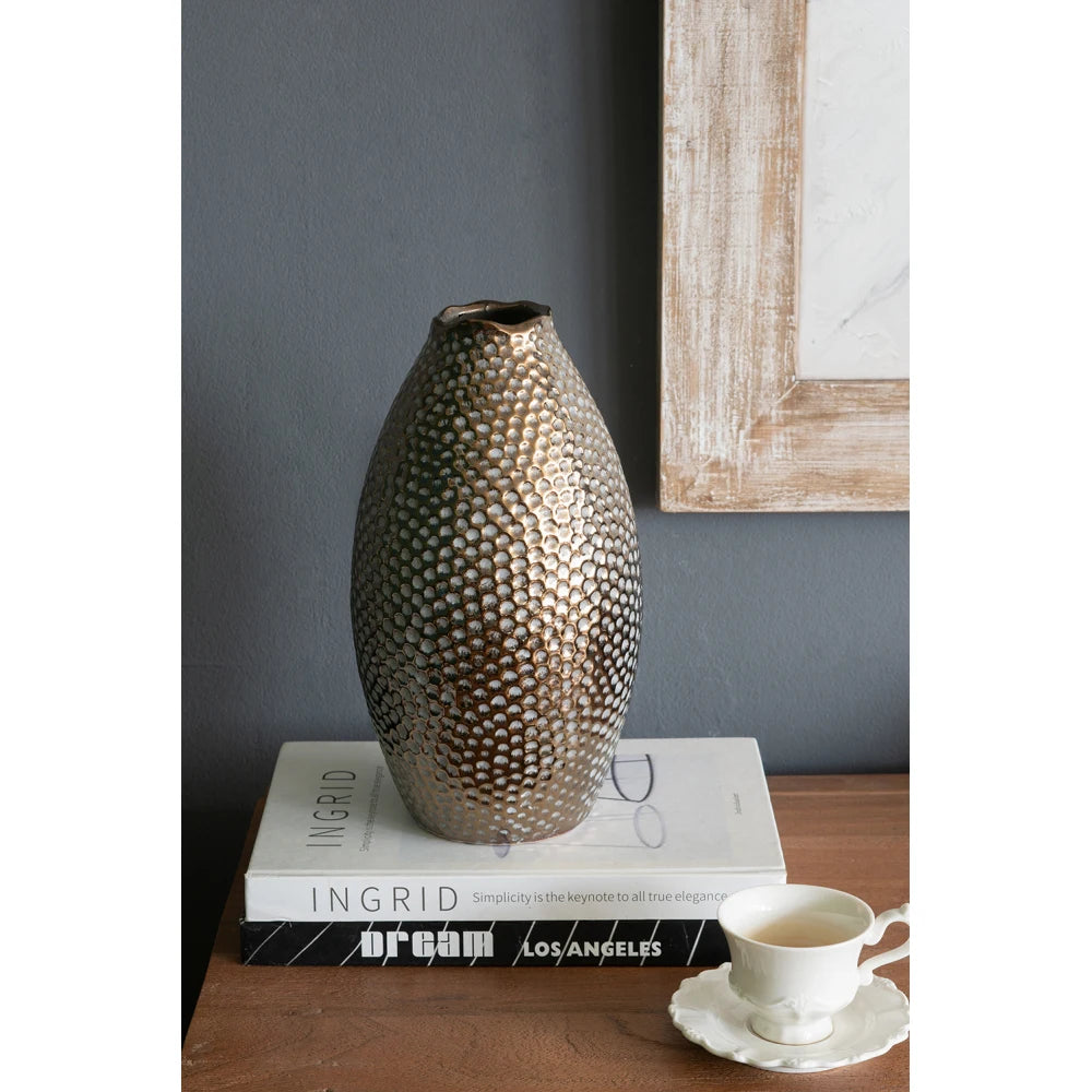 5.3x5.3x11 Inch Textured Bronze Ceramic Decor Vase, Modern Accent Flower Vase for Living Room Entryway Tabletop Shelf Home Ornament Display