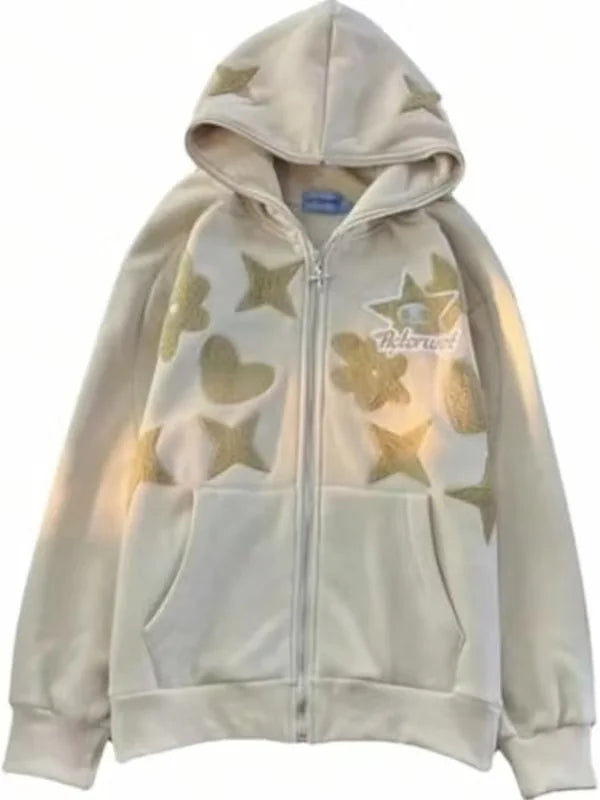 Women's Retro Embroidered Zip Up Hooded Jacket Casual Harajuku