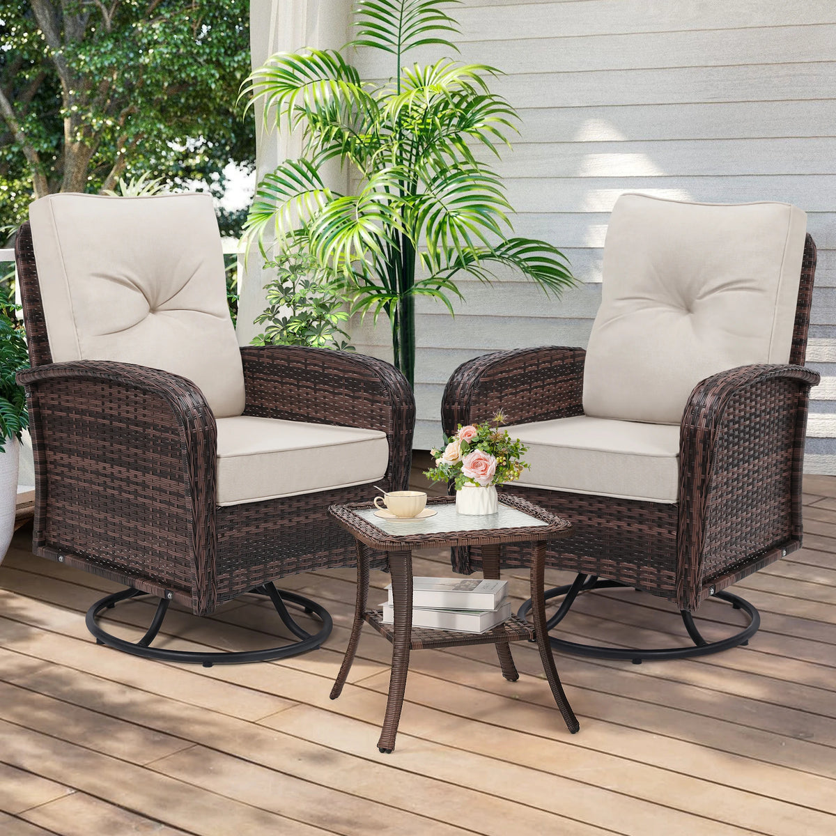 TUAREX Swivel Wicker Chair With Side Table Outdoor Patio Furniture Set Washable Thick Cushion For Balcony Deck Garden