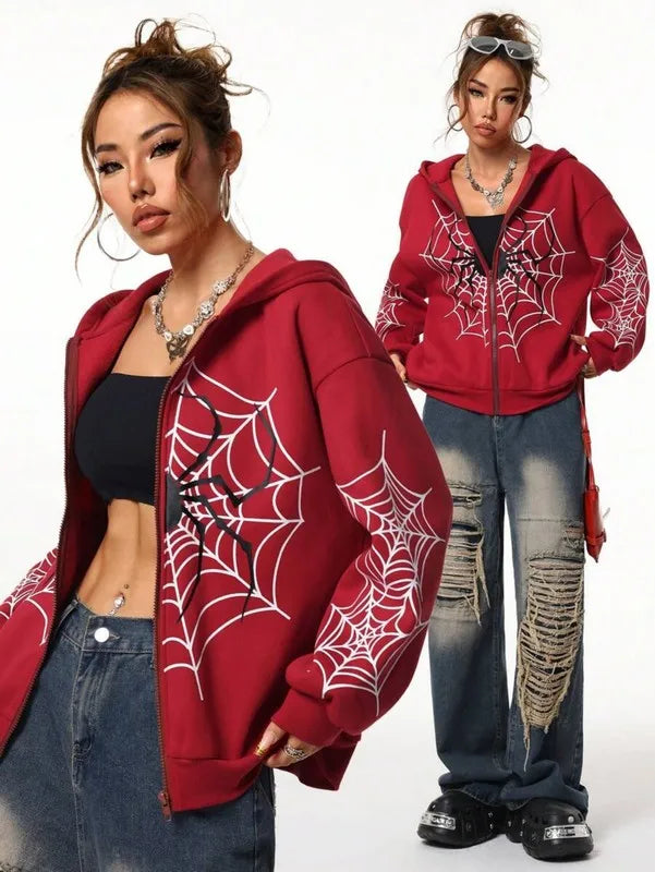 Spider Web Print Unisex Zip Up Hoodie Casual Wear