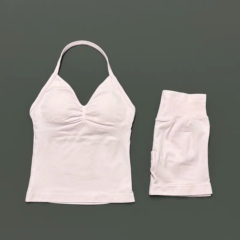 Seamless Backless Halter Yoga Tank Top And Shorts Set