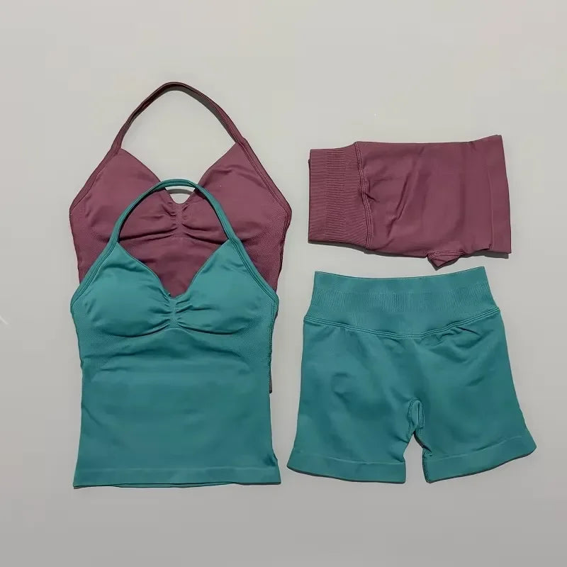 Seamless Backless Halter Yoga Tank Top And Shorts Set