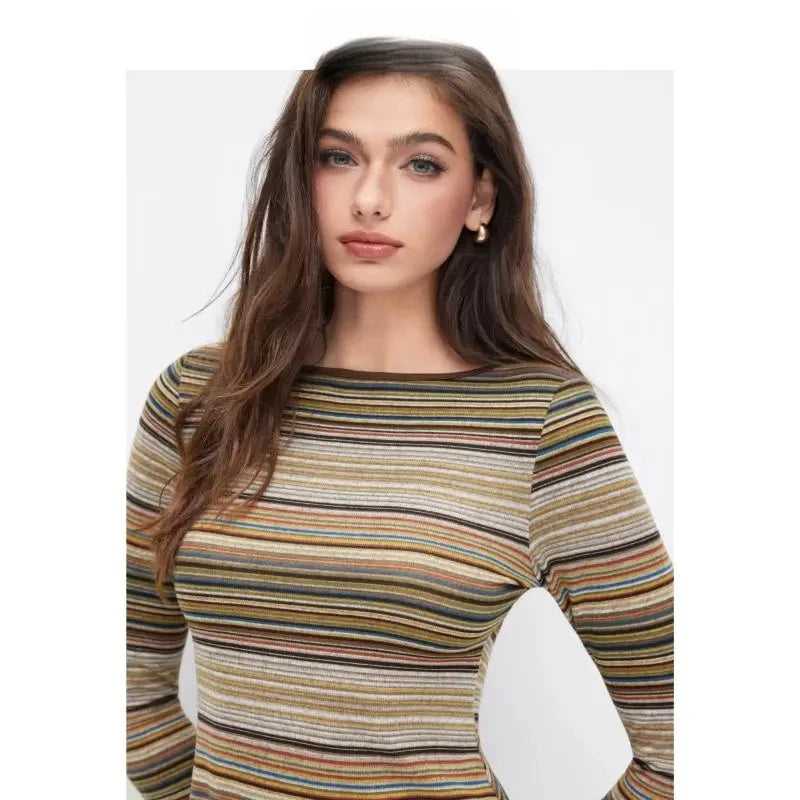 Womens Striped V Neck Bell Sleeve Knit Mini Dress Fashion