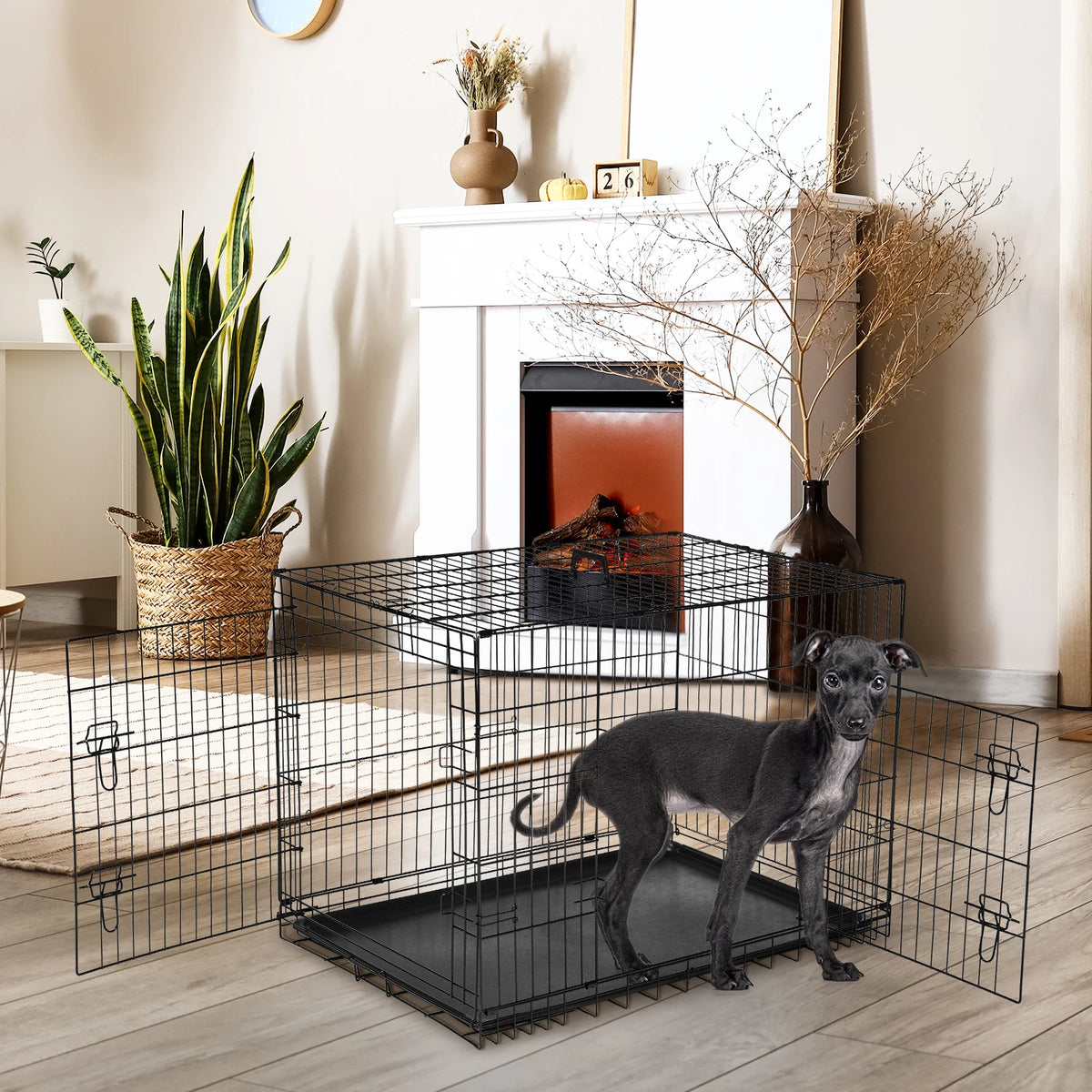 JHK Folding Metal Wire Dog Crate With Leak-Proof Pan