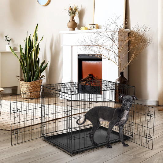 JHK Folding Metal Wire Dog Crate With Leak-Proof Pan