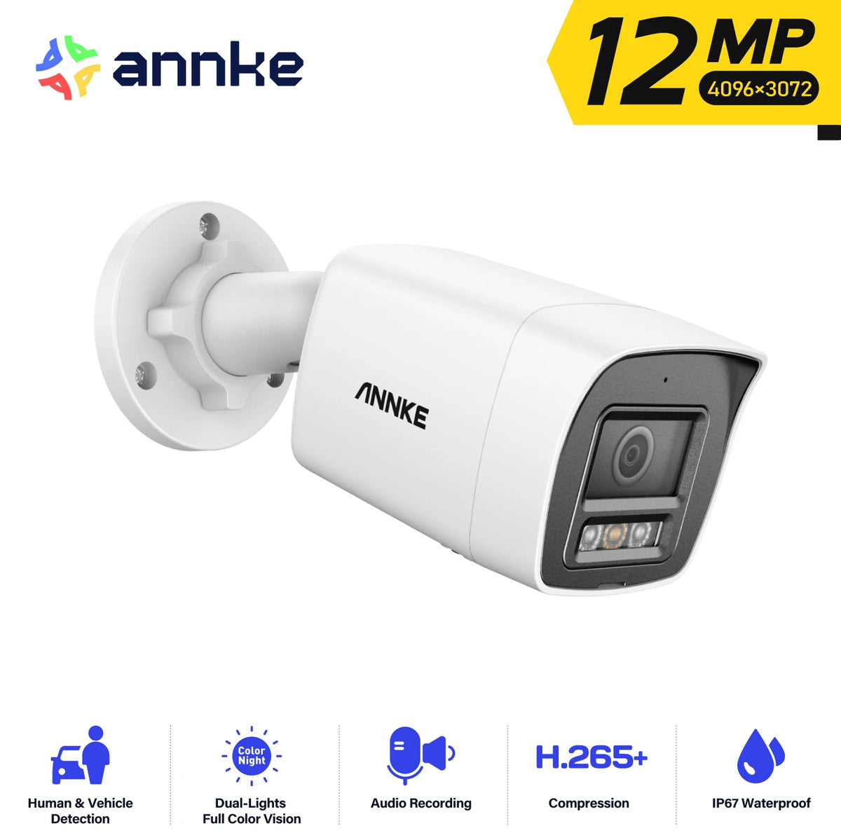 ANNKE C1200 12MP PoE Security Camera H.265+ 2.8MM 134° Wide angle outdoor camera IP67 Audio Color Night Vision cameras for home security
