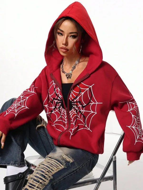 Spider Web Print Unisex Zip Up Hoodie Casual Wear