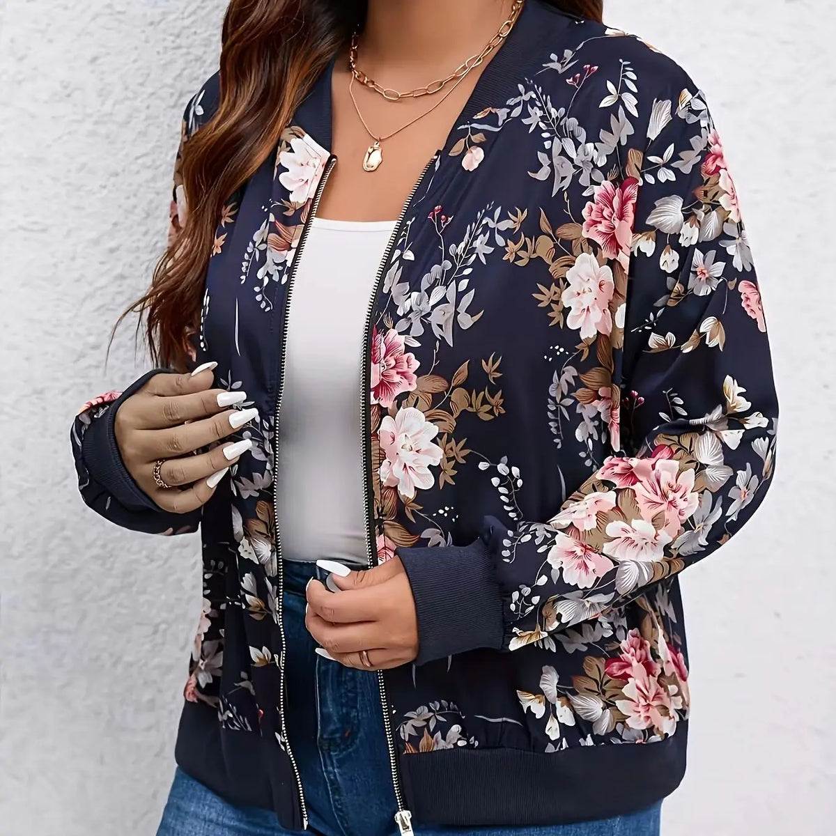 Women's Floral Print Zipper Baseball Jacket With Stand Collar