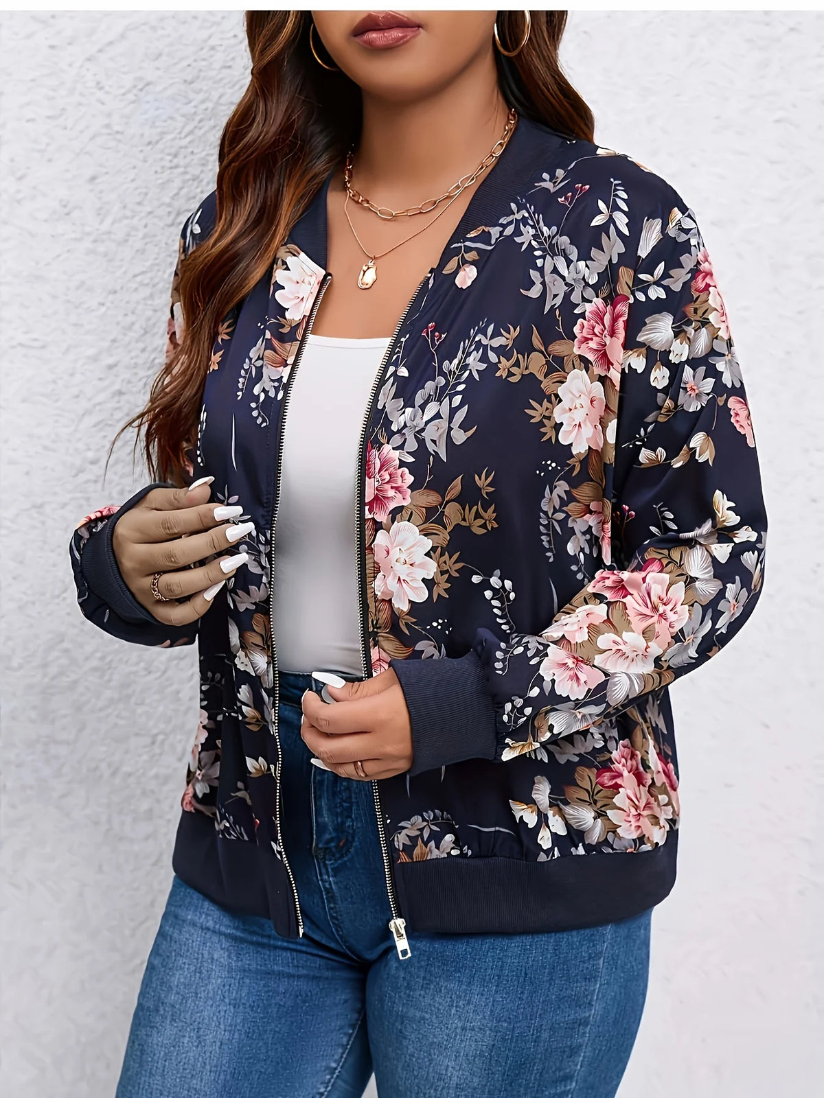 Women's Floral Print Zipper Baseball Jacket With Stand Collar