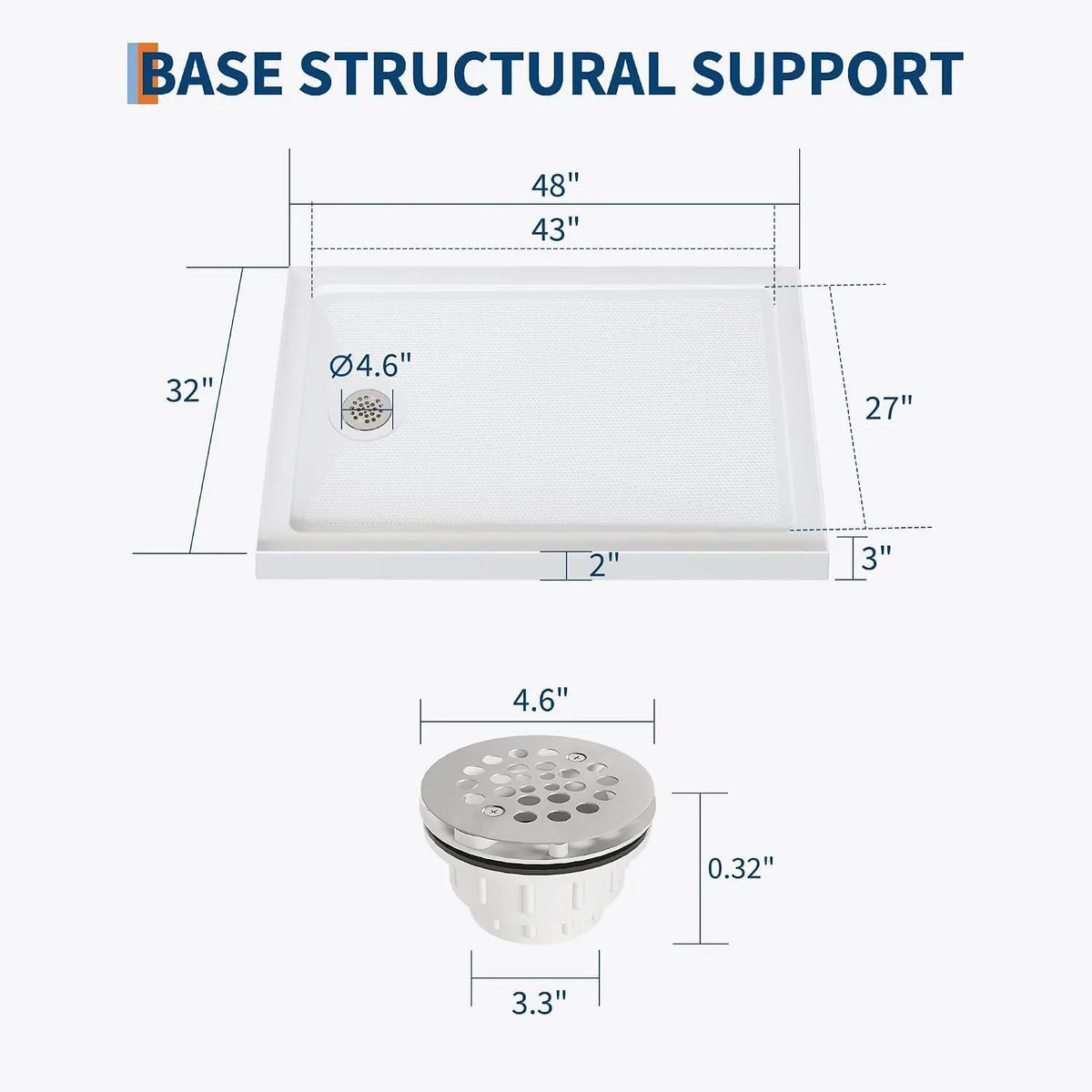 48" x 32" Acrylic Shower Base Pan Left Right Drain Shower Tray White Non Slip Low Profile Shower Floor Waterproof Flange ABS Drain Assembly Included