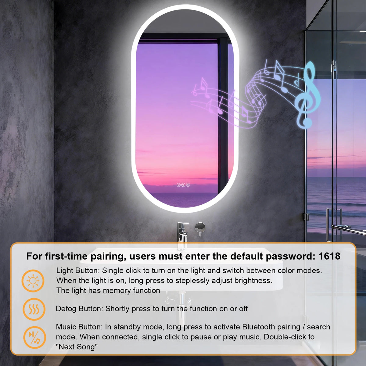 LED Bathroom Mirror 40"/48'' Oval Wall Vanity Mirror with Bluetooth Speakers, Anti-Fog, 3 Color , Dimming, Memory Function