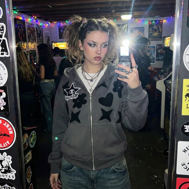 Women's Retro Embroidered Zip Up Hooded Jacket Casual Harajuku