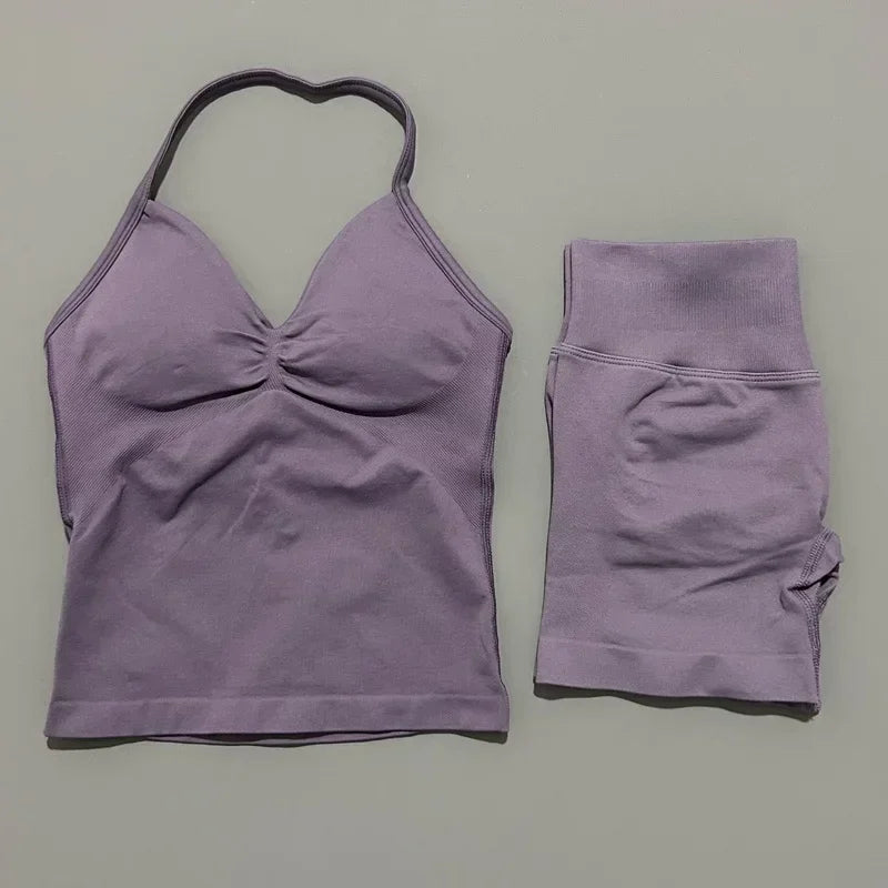 Seamless Backless Halter Yoga Tank Top And Shorts Set