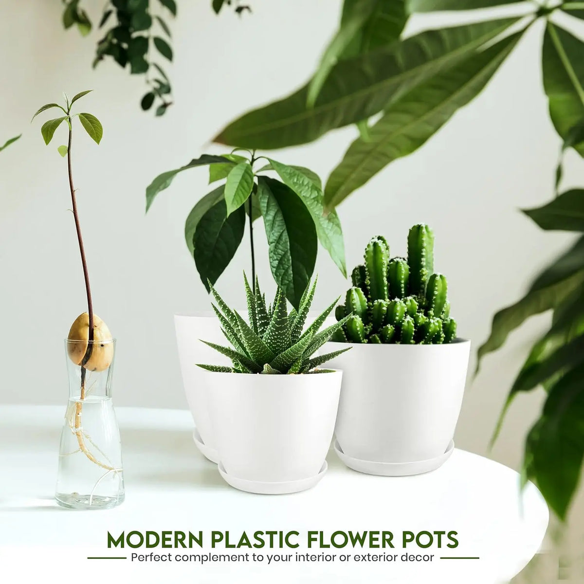 Indoor Plant Pot Set White Plastic Five Drainage Holes Modern Planters Office Home
