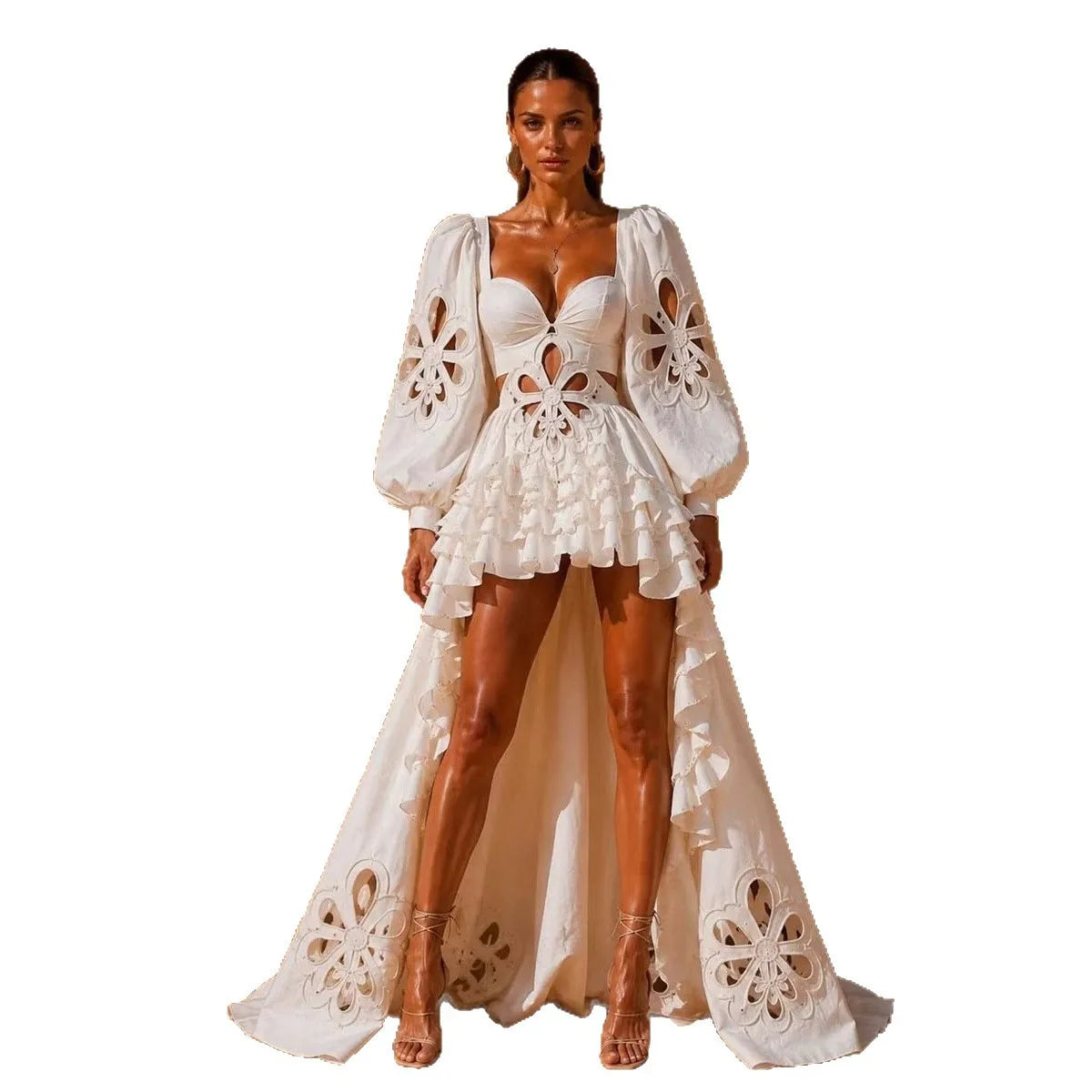Women's Elegant Cutout Lantern Sleeve Ruffle Mini Party Dress