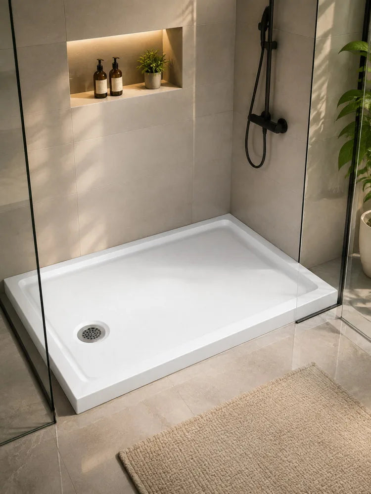 48" x 32" Acrylic Shower Base Pan Left Right Drain Shower Tray White Non Slip Low Profile Shower Floor Waterproof Flange ABS Drain Assembly Included