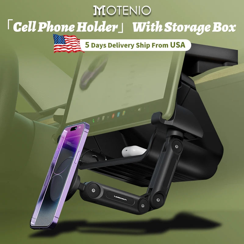 MOTENIO Foldable Magnetic Phone Holder With Storage Box for Tesla