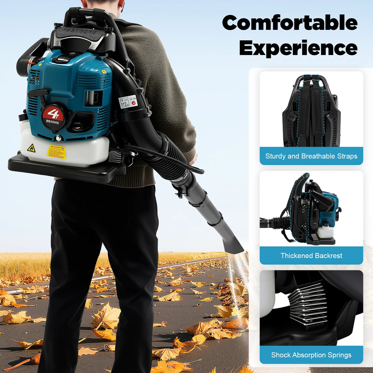 Backpack Leaf Blower 75.6cc 4-Stroke Gas Powered Blower Cordless Garden Blower for Yard Lawn Care Street Cleaning