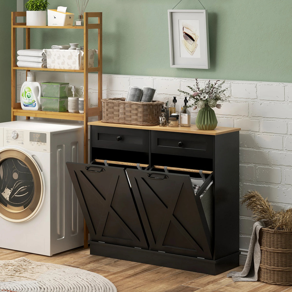 HOMCOM Double Tilt Out Laundry Hamper Cabinet with 2 Removable Baskets and 2 Drawers, Bathroom Storage Cabinet or Trash Can Cabinet for Laundry Room, Living Room, Black