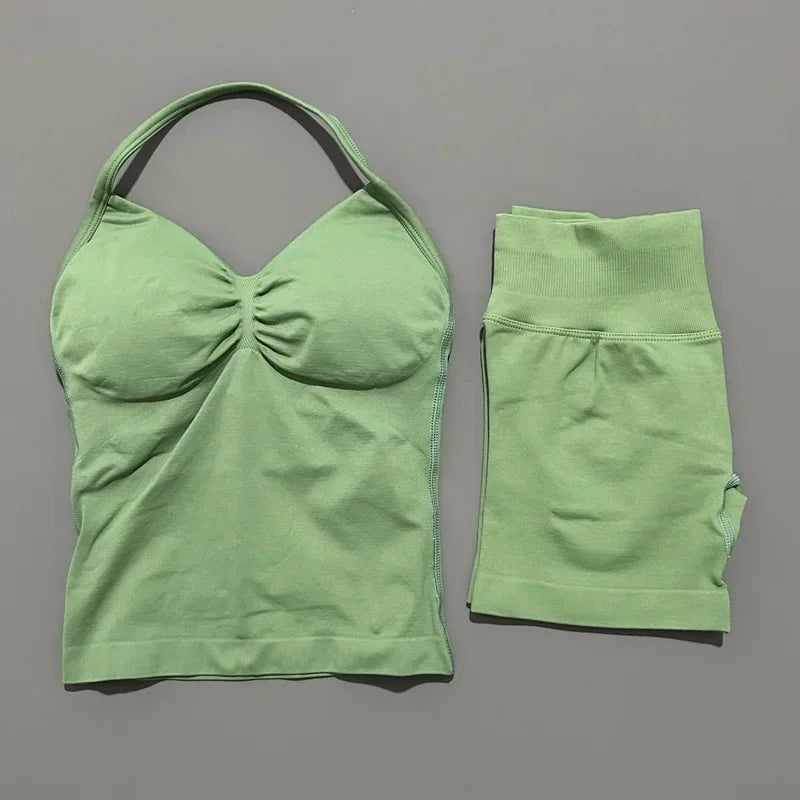 Seamless Backless Halter Yoga Tank Top And Shorts Set