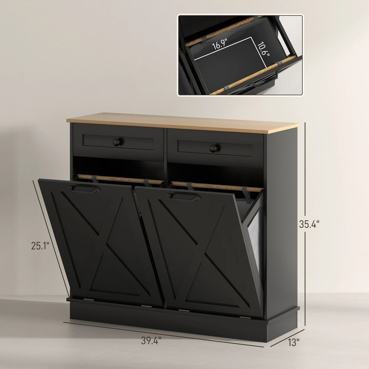 HOMCOM Double Tilt Out Laundry Hamper Cabinet with 2 Removable Baskets and 2 Drawers, Bathroom Storage Cabinet or Trash Can Cabinet for Laundry Room, Living Room, Black