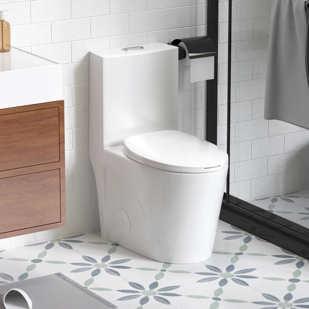 1.1/1.6 GPF Tornado Flush One-Piece Toilet for bathrooms,Siphonic S-trap 12",Elongated Bowl with Soft Close Seat,Powerful Dual Flush MAP 1000g,Comfort Chair Seat ADA Height 17",Glossy White GW-001