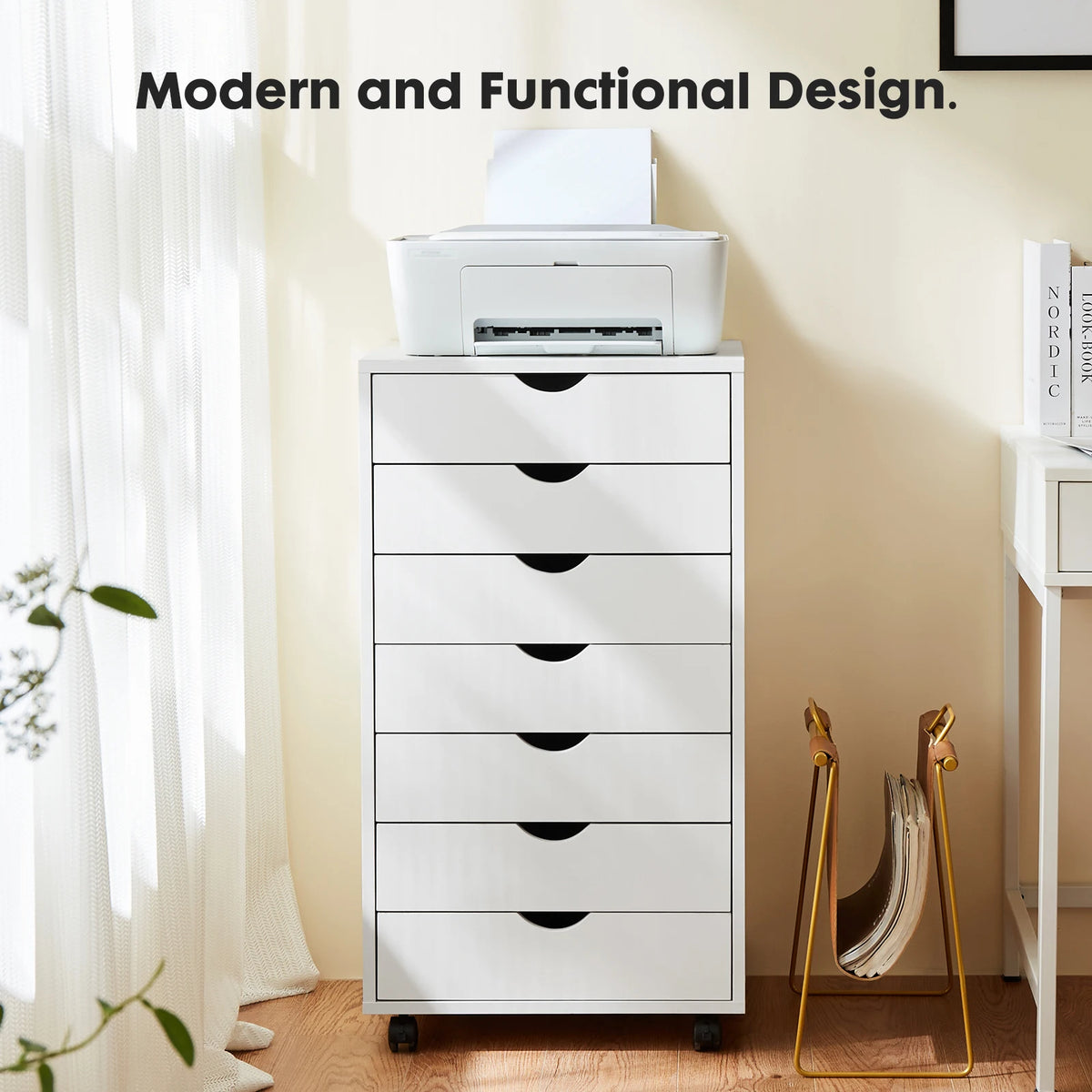 JHK Seven Drawer Wooden Dresser Storage Cabinet With Rolling Wheels