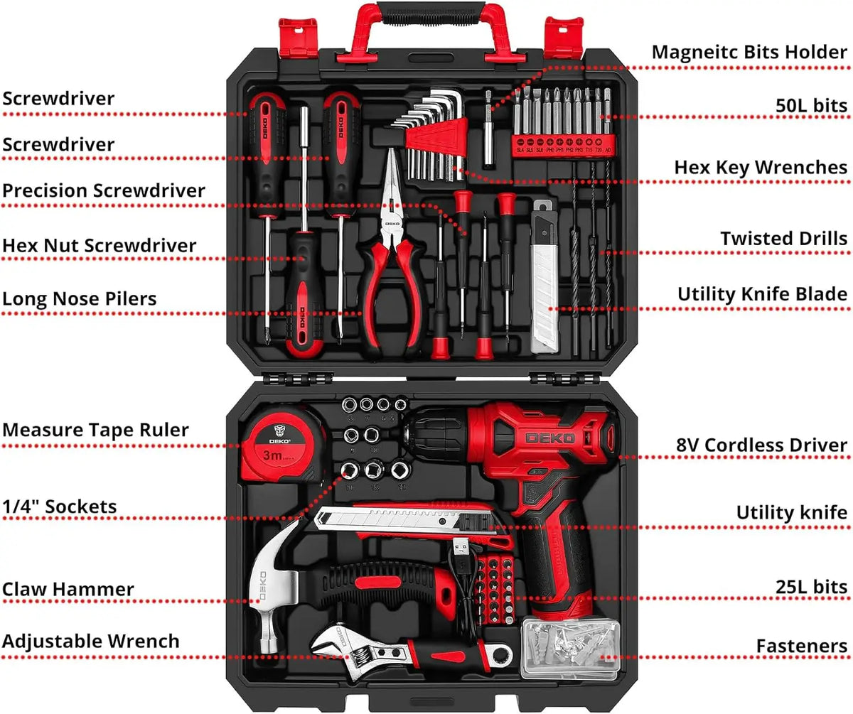 DEKO Cordless Drill Home Tool Kit With Essential Hand Tools
