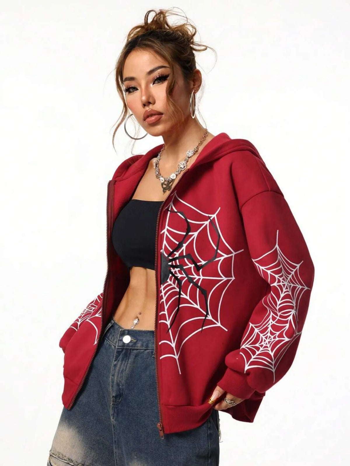 Spider Web Print Unisex Zip Up Hoodie Casual Wear