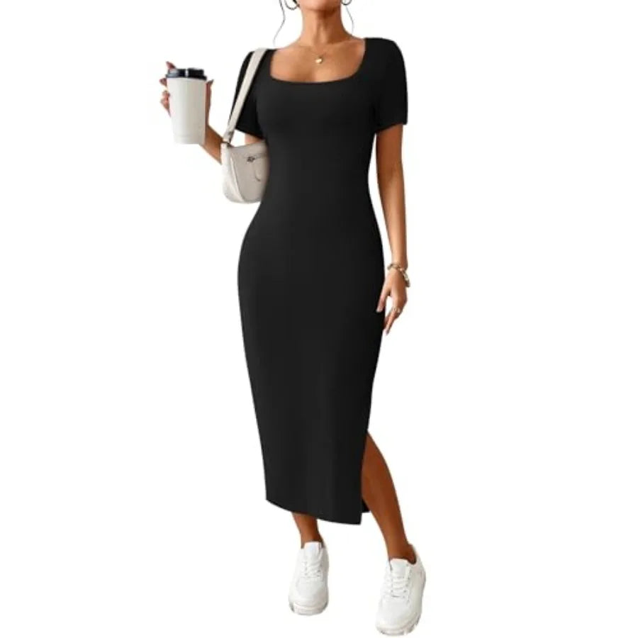Women's Ribbed Knit Bodycon Dress with Square Neck Side Slit
