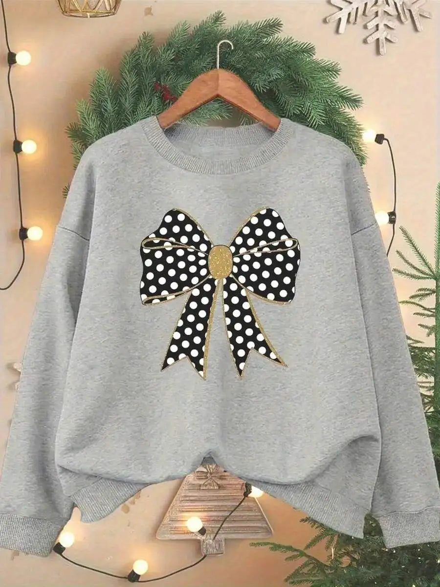 Women's Casual Crew Neck Polka Dot Bow Pullover Sweatshirt