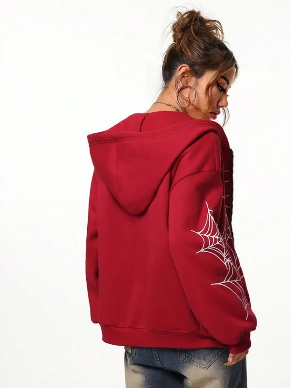 Spider Web Print Unisex Zip Up Hoodie Casual Wear