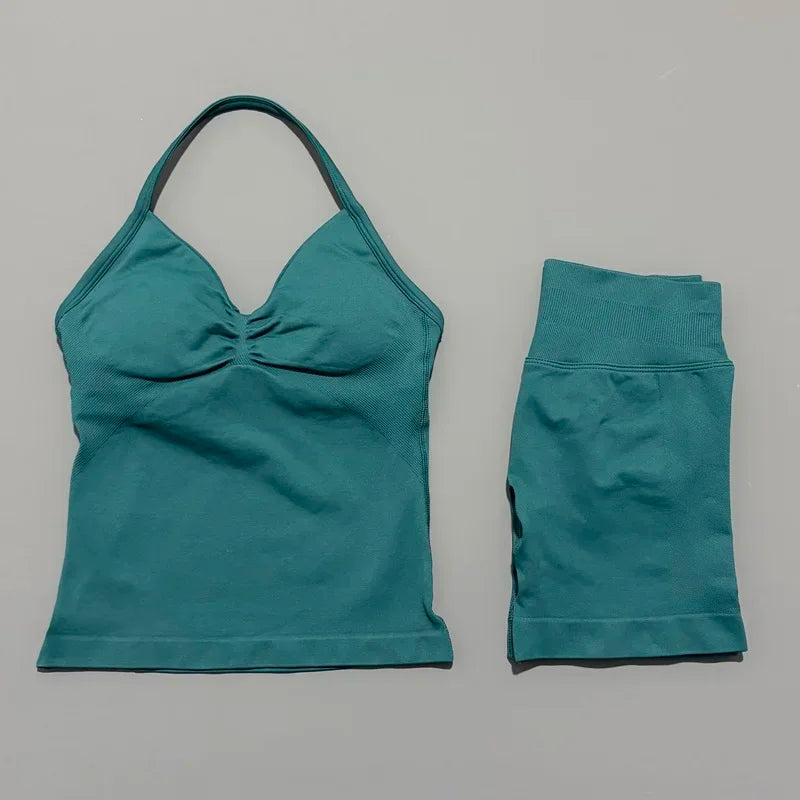 Seamless Backless Halter Yoga Tank Top And Shorts Set