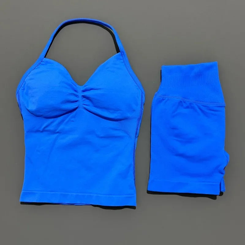 Seamless Backless Halter Yoga Tank Top And Shorts Set