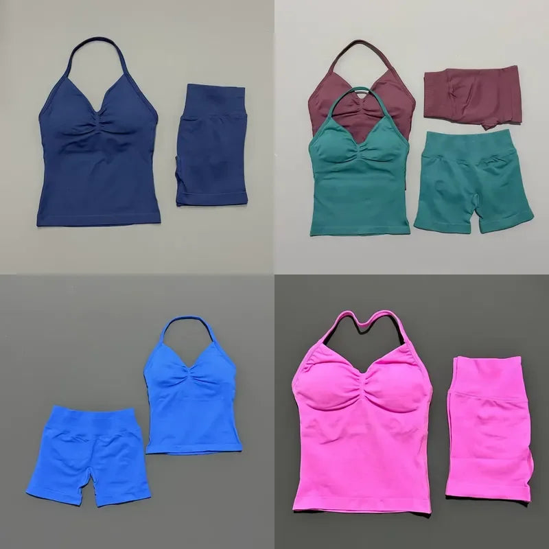 Seamless Backless Halter Yoga Tank Top And Shorts Set