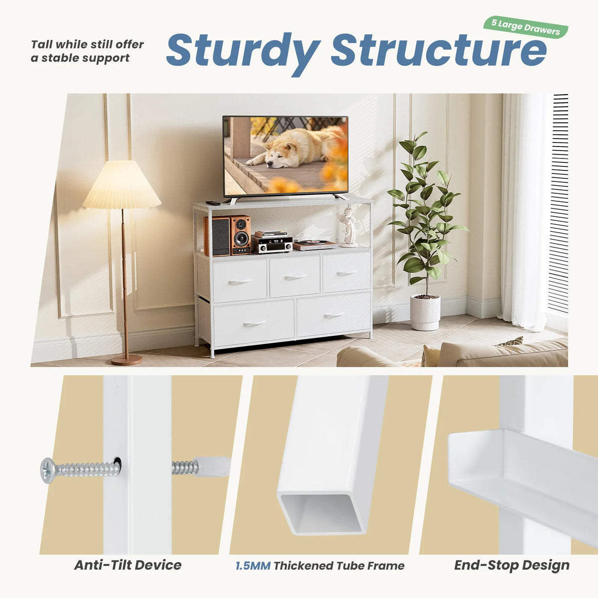 MCQ TV Stand Dresser with 5 Fabric Storage Drawers Media Console Featuring Open Shelf for TV Compact Entertainment Unit for Bedroom Living Space or Dorm Organization