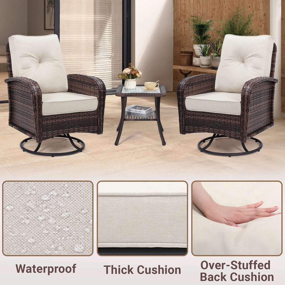 TUAREX Swivel Wicker Chair With Side Table Outdoor Patio Furniture Set Washable Thick Cushion For Balcony Deck Garden