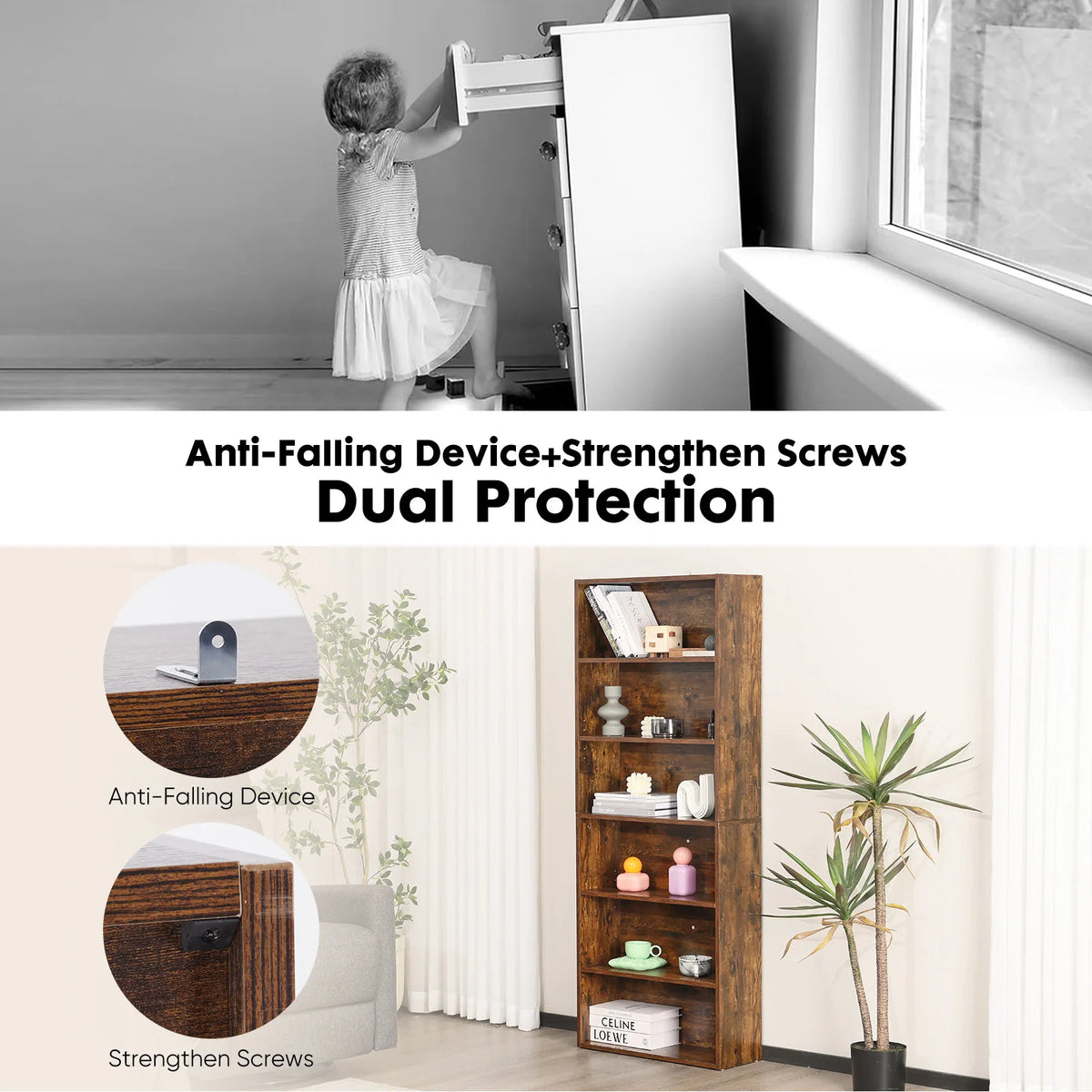 JHK Modern Wooden Bookcase for Living Room and Home Office