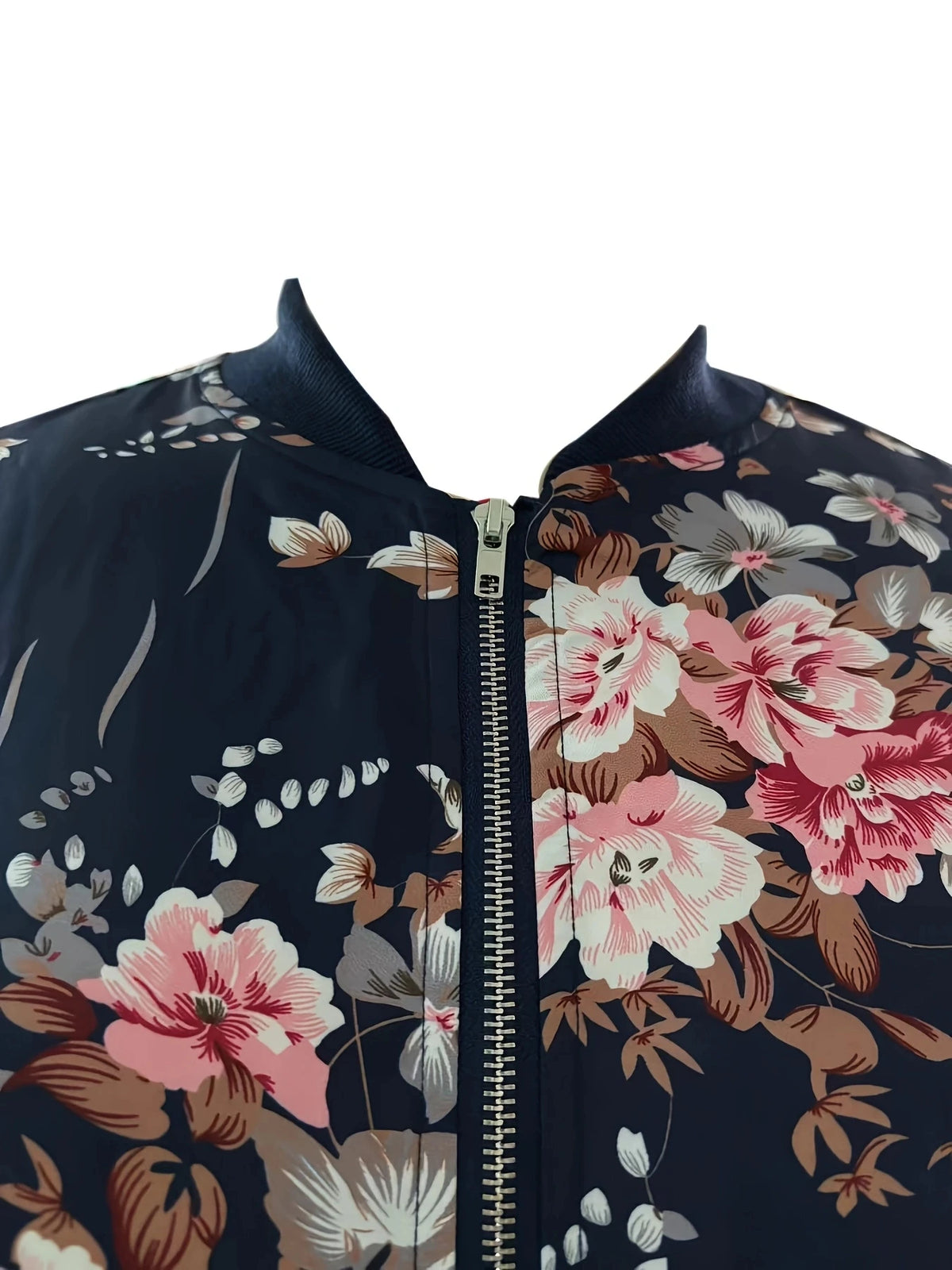 Women's Floral Print Zipper Baseball Jacket With Stand Collar