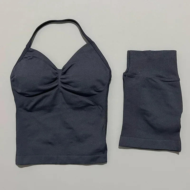 Seamless Backless Halter Yoga Tank Top And Shorts Set
