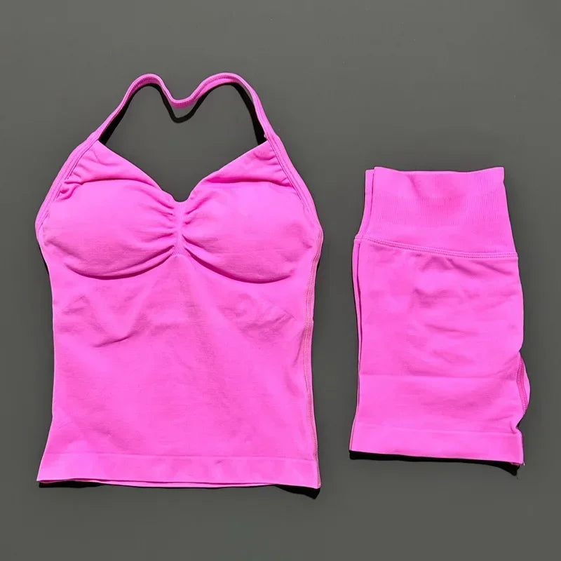 Seamless Backless Halter Yoga Tank Top And Shorts Set
