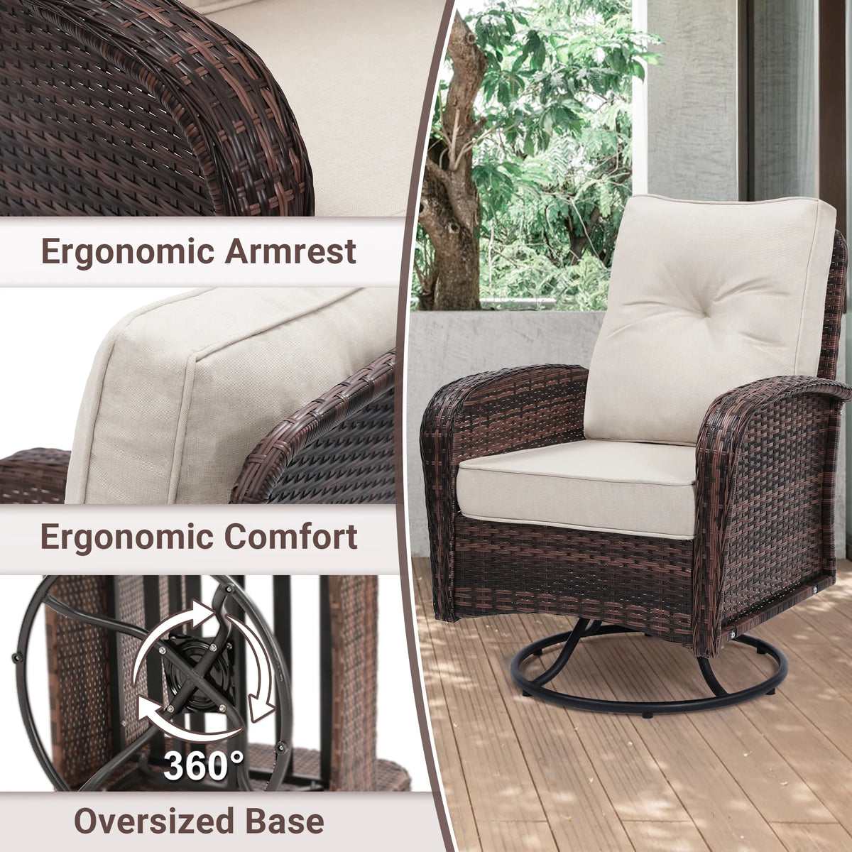 TUAREX Swivel Wicker Chair With Side Table Outdoor Patio Furniture Set Washable Thick Cushion For Balcony Deck Garden