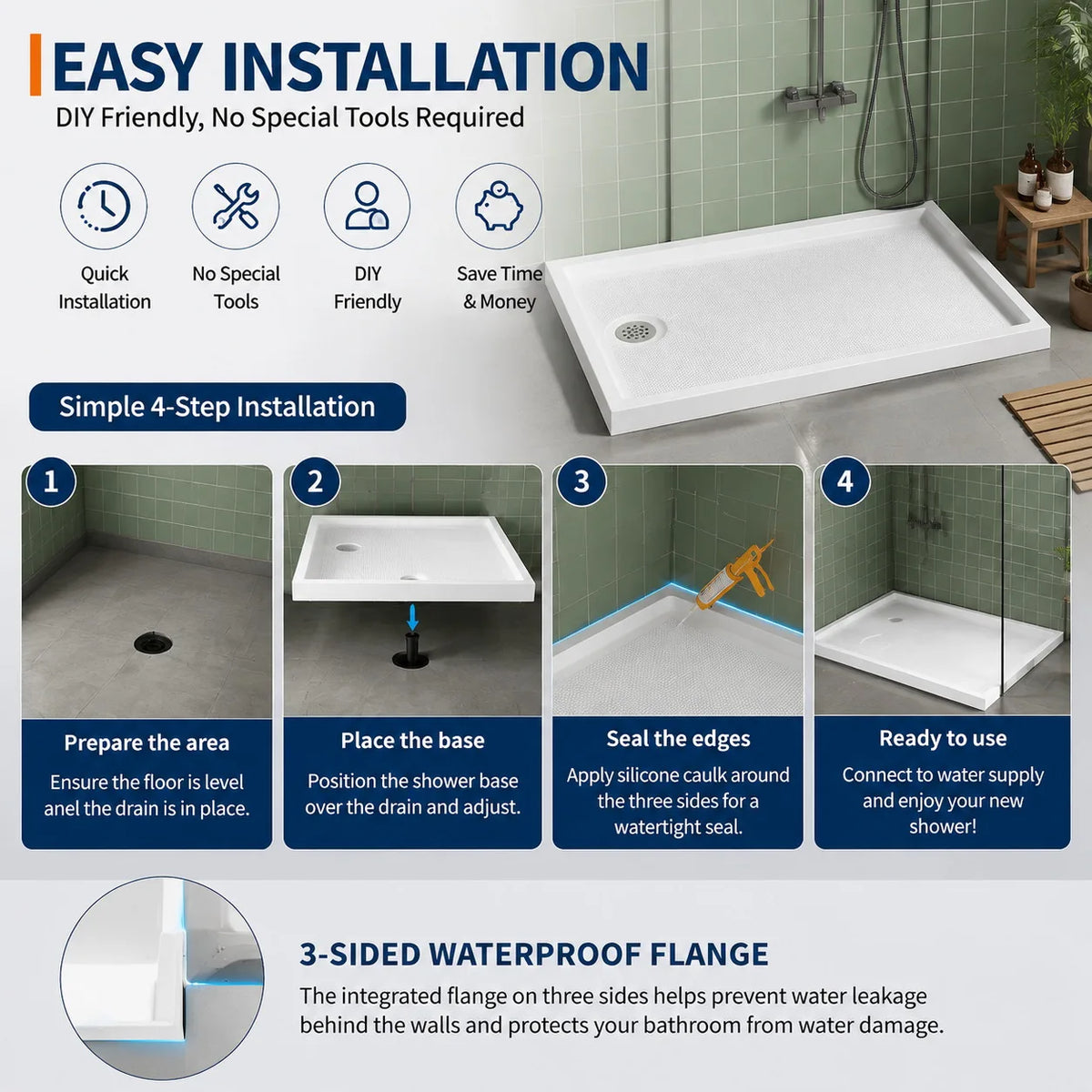 48" x 32" Acrylic Shower Base Pan Left Right Drain Shower Tray White Non Slip Low Profile Shower Floor Waterproof Flange ABS Drain Assembly Included