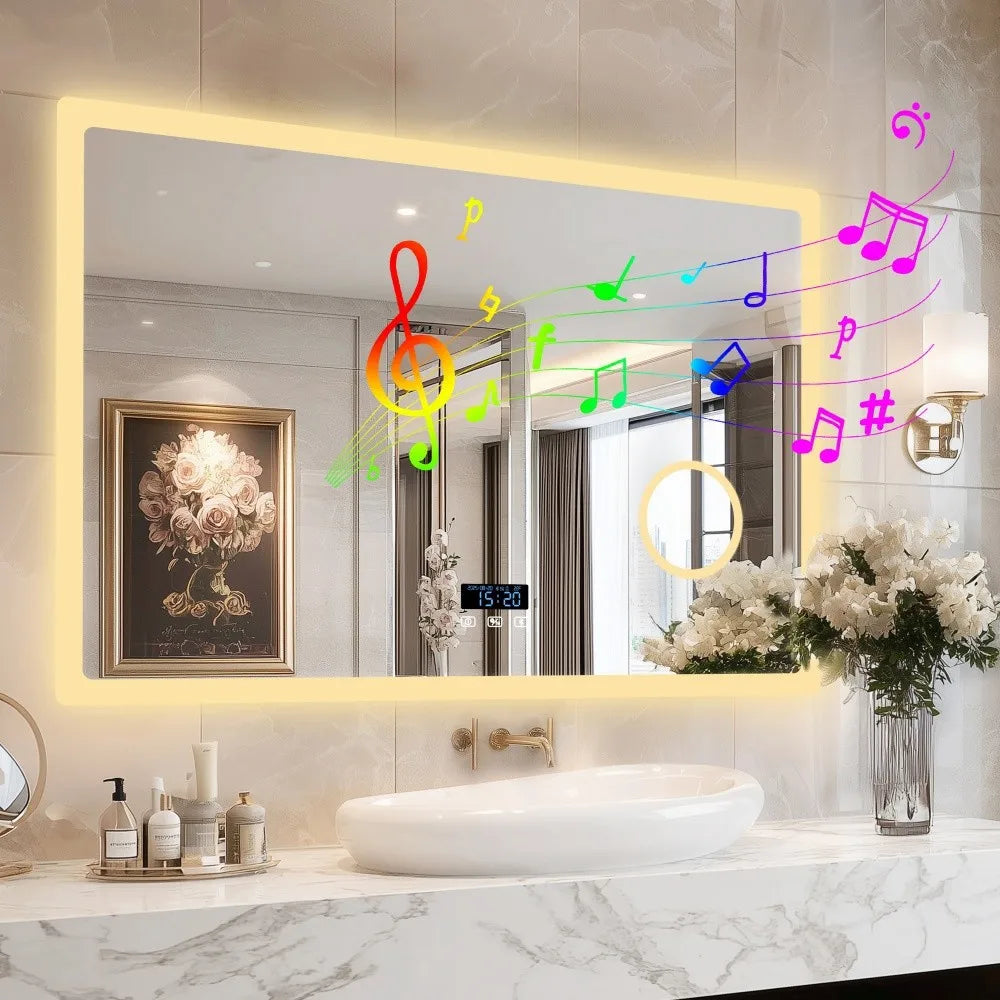 LED Bluetooth Bathroom Mirror 3x Magnifying Vanity Mirror w Anti-fog, 3 Color Memory Light, Rectangular 1200mm, 1000mm, 800mm