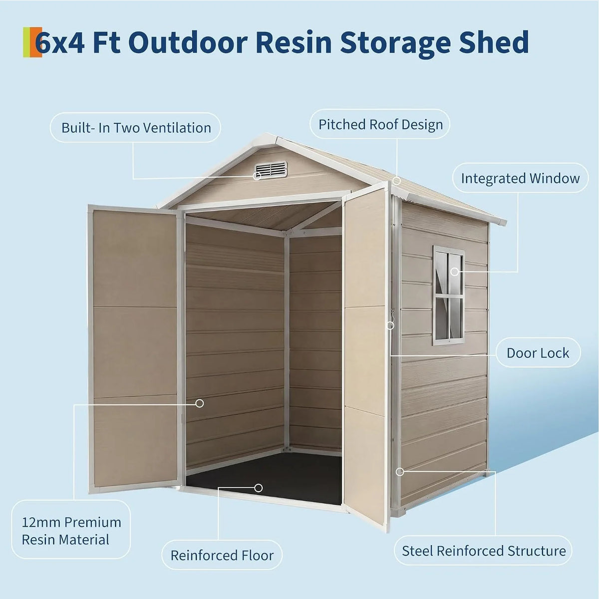 6x4 FT Plastic Resin Outdoor Storage Shed with Reinforced Floor Lockable Door Window Ventilation Weather Resistant Double Wall Garden Tool Lawn Mower Bike Storage for Patio Backyard
